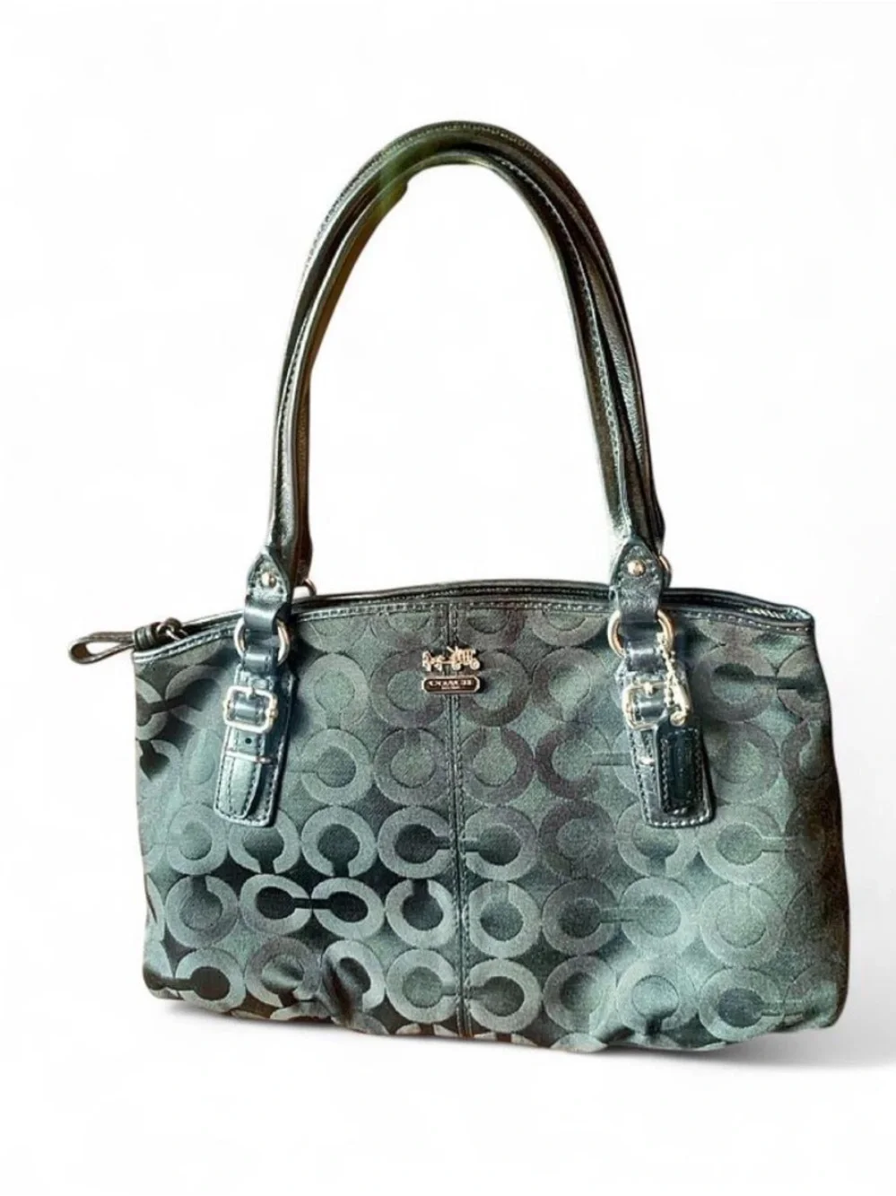 Vintage Coach Mia Op Art Signature Satchel Bag Black Teal Lining